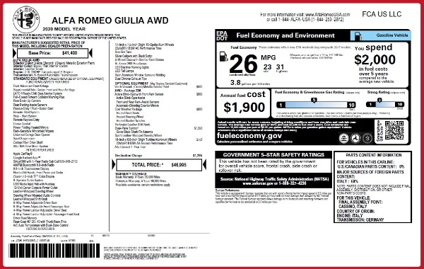 New 2020 Alfa Romeo Giulia Q4 for sale $46,995 at Bugatti of Greenwich in Greenwich CT 06830 2