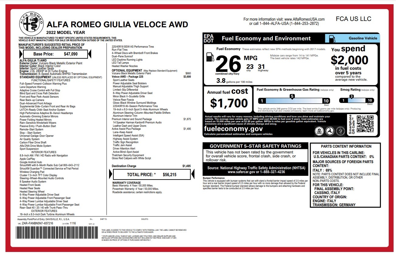 Used 2022 Alfa Romeo Giulia Veloce for sale $28,900 at Bugatti of Greenwich in Greenwich CT 06830 1