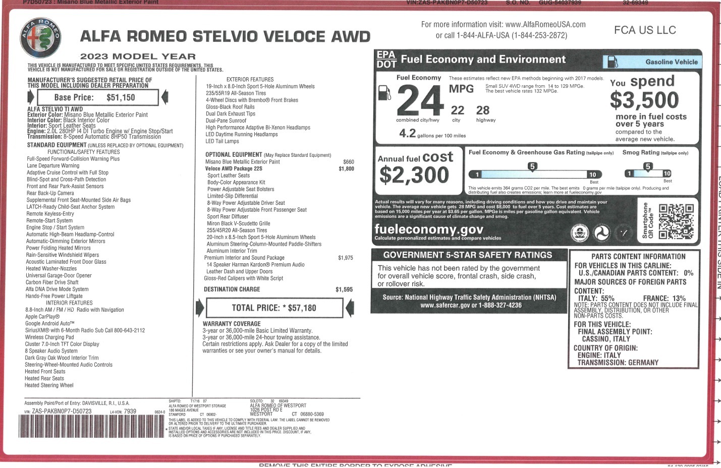 New 2023 Alfa Romeo Stelvio Veloce for sale $57,180 at Bugatti of Greenwich in Greenwich CT 06830 1