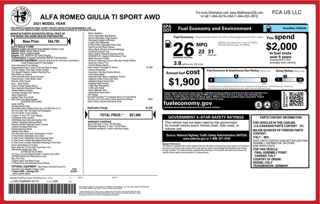 Used 2021 Alfa Romeo Giulia Ti Sport for sale $39,900 at Bugatti of Greenwich in Greenwich CT 06830 1