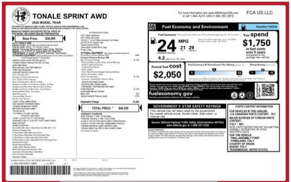 New 2026 Alfa Romeo Tonale Sprint for sale $46,530 at Bugatti of Greenwich in Greenwich CT 06830 25