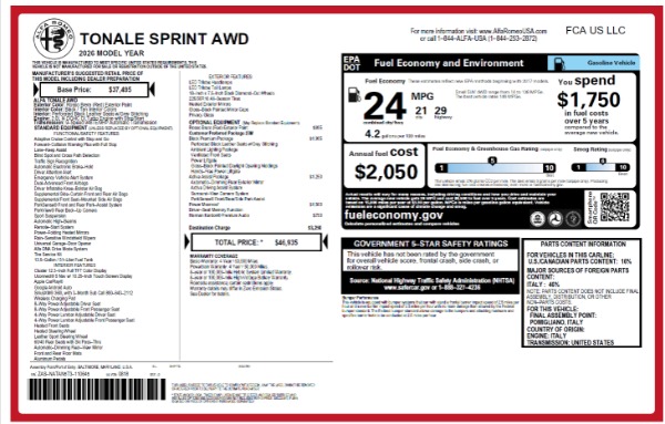 New 2026 Alfa Romeo Tonale Sprint for sale $46,935 at Bugatti of Greenwich in Greenwich CT 06830 23