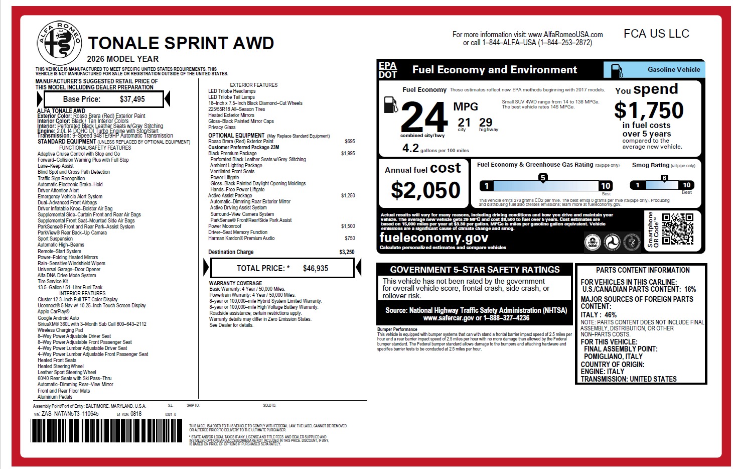 New 2026 Alfa Romeo Tonale Sprint for sale $46,935 at Bugatti of Greenwich in Greenwich CT 06830 1