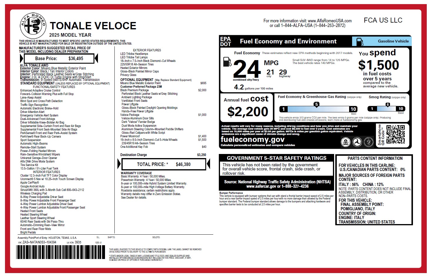 New 2025 Alfa Romeo Tonale for sale $46,380 at Bugatti of Greenwich in Greenwich CT 06830 1
