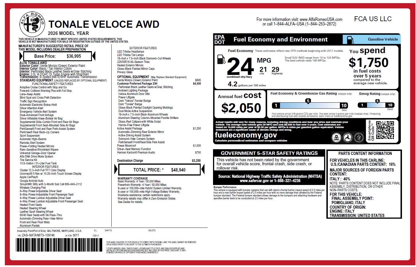 New 2026 Alfa Romeo Tonale Veloce for sale $48,940 at Bugatti of Greenwich in Greenwich CT 06830 1