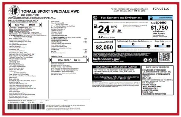 New 2026 Alfa Romeo Tonale Sport Speciale for sale $49,135 at Bugatti of Greenwich in Greenwich CT 06830 25