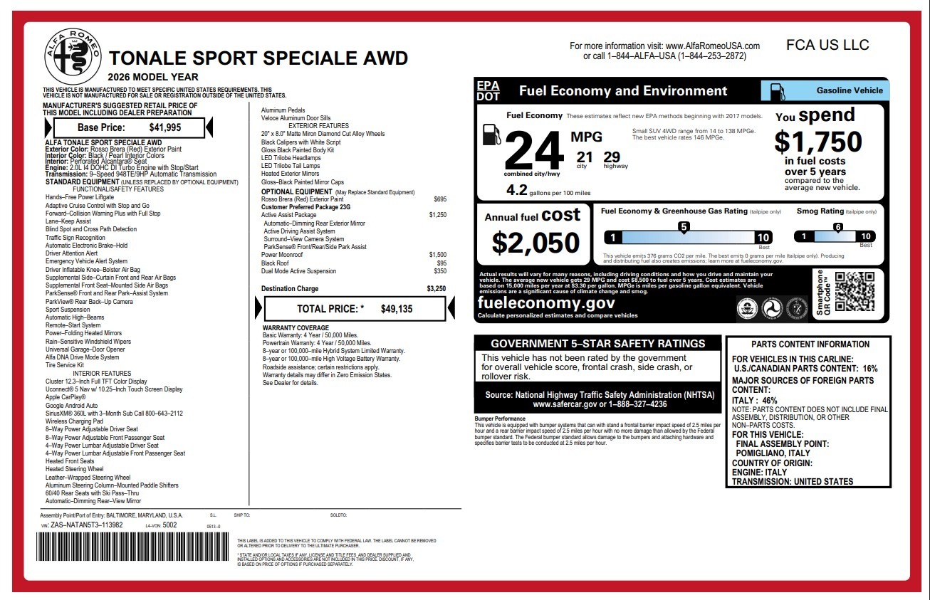 New 2026 Alfa Romeo Tonale Sport Speciale for sale $49,135 at Bugatti of Greenwich in Greenwich CT 06830 1