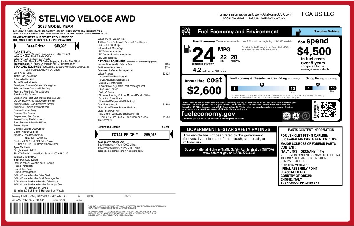 New 2026 Alfa Romeo Stelvio Veloce for sale $59,965 at Bugatti of Greenwich in Greenwich CT 06830 1