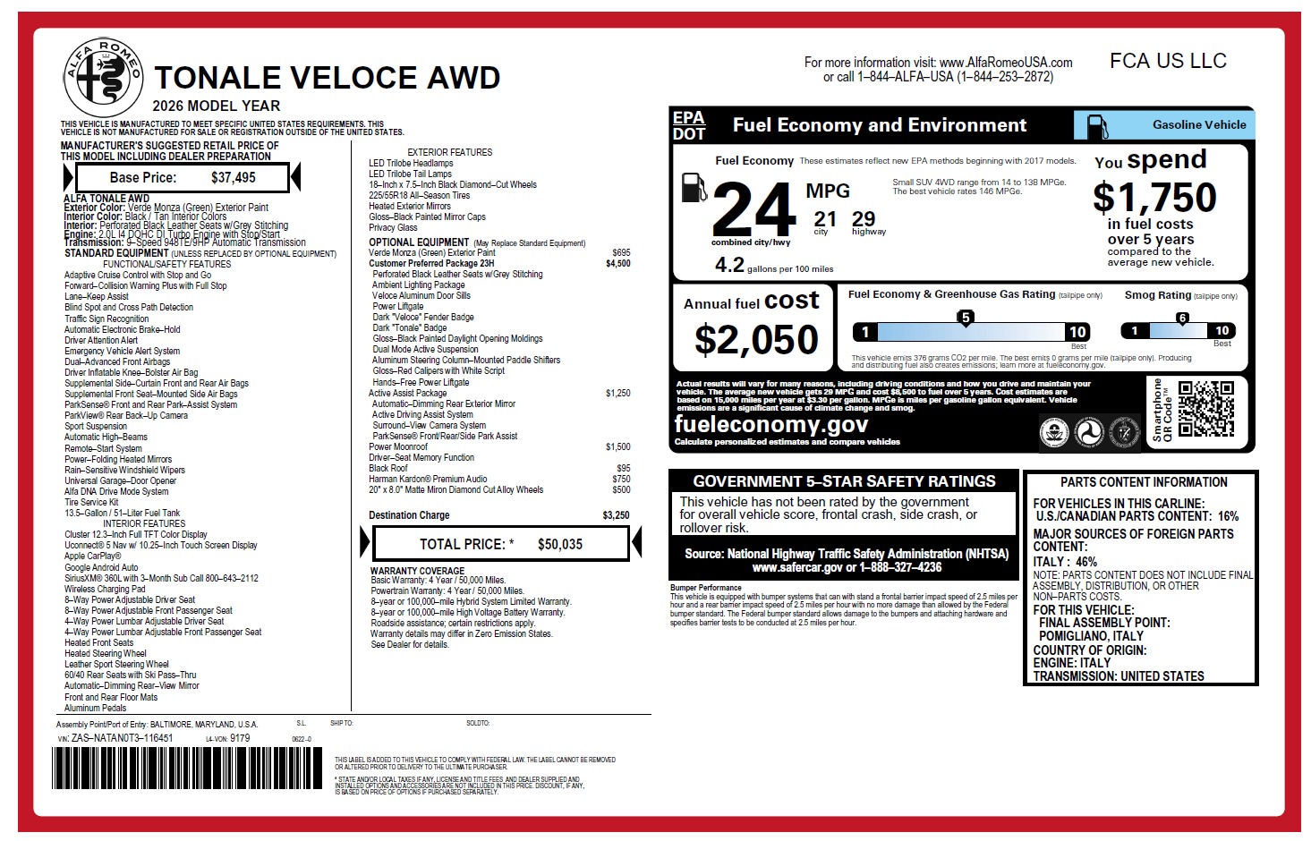 New 2026 Alfa Romeo Tonale Veloce for sale $50,035 at Bugatti of Greenwich in Greenwich CT 06830 1