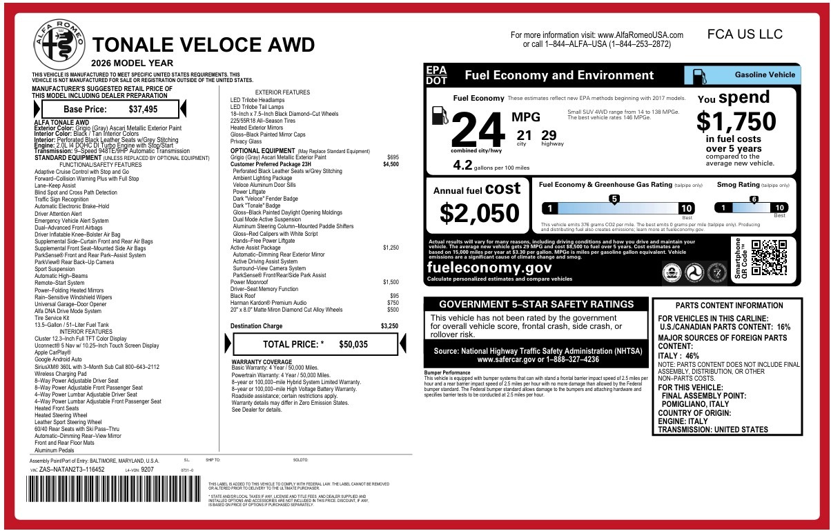 New 2026 Alfa Romeo Tonale Veloce for sale $50,035 at Bugatti of Greenwich in Greenwich CT 06830 1