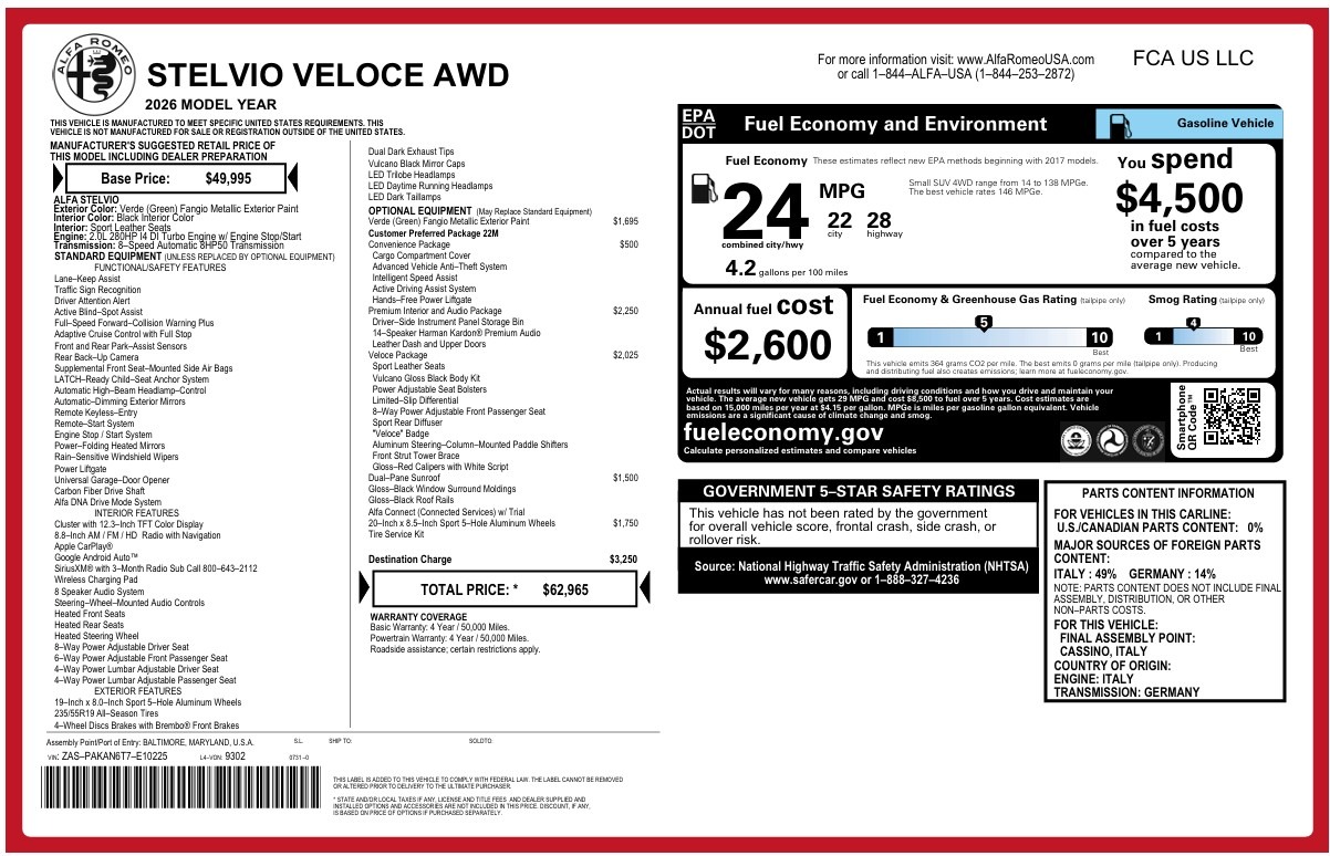 New 2026 Alfa Romeo Stelvio Veloce for sale $62,965 at Bugatti of Greenwich in Greenwich CT 06830 1