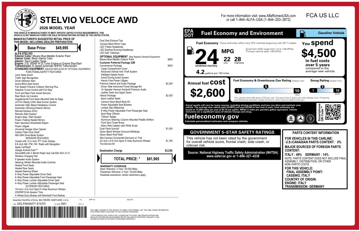 New 2026 Alfa Romeo Stelvio Veloce for sale $61,965 at Bugatti of Greenwich in Greenwich CT 06830 1