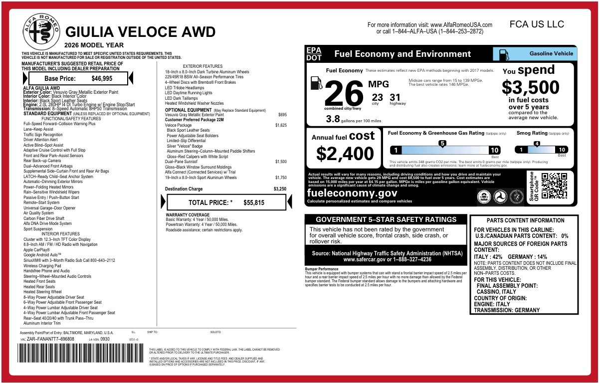 New 2026 Alfa Romeo Giulia Veloce for sale $55,815 at Bugatti of Greenwich in Greenwich CT 06830 1