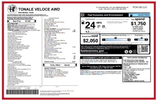 New 2026 Alfa Romeo Tonale Veloce for sale $50,035 at Bugatti of Greenwich in Greenwich CT 06830 25