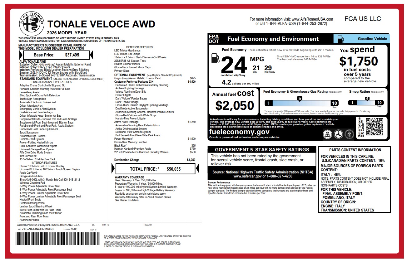 New 2026 Alfa Romeo Tonale Veloce for sale $50,035 at Bugatti of Greenwich in Greenwich CT 06830 1