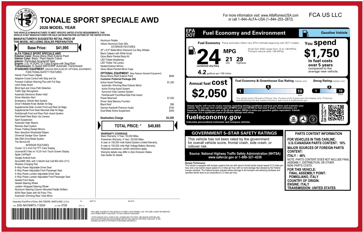 New 2026 Alfa Romeo Tonale Sport Speciale for sale $49,885 at Bugatti of Greenwich in Greenwich CT 06830 1