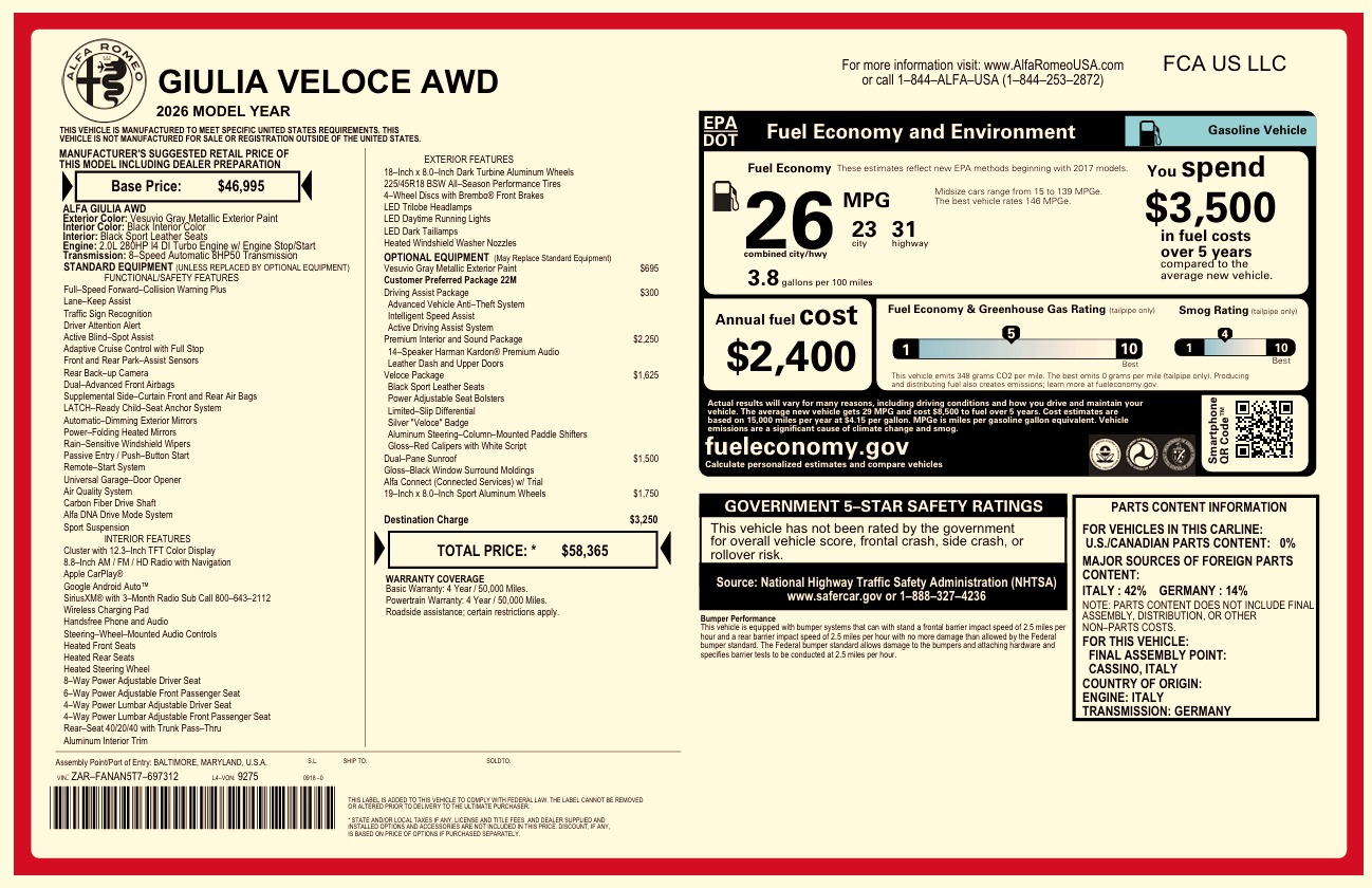 New 2026 Alfa Romeo Giulia VELOCE for sale $58,365 at Bugatti of Greenwich in Greenwich CT 06830 1