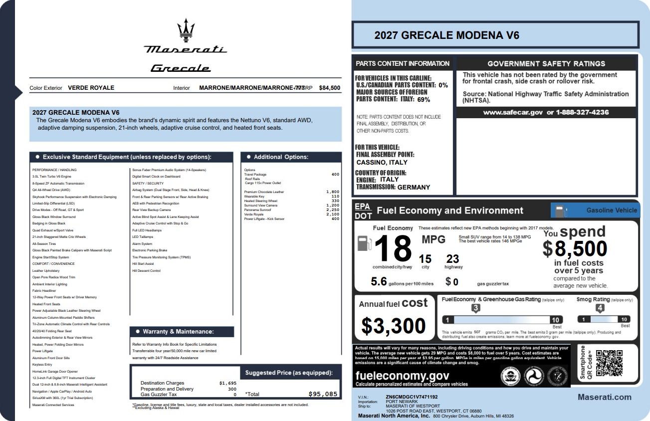 New 2027 Maserati Grecale Modena V6 for sale $95,085 at Bugatti of Greenwich in Greenwich CT 06830 1