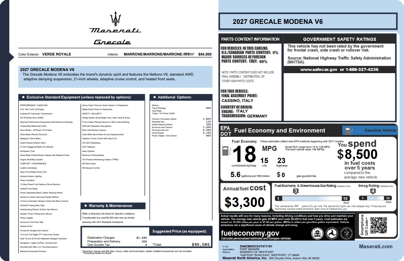 New 2027 Maserati Grecale Modena V6 for sale $95,085 at Bugatti of Greenwich in Greenwich CT 06830 1