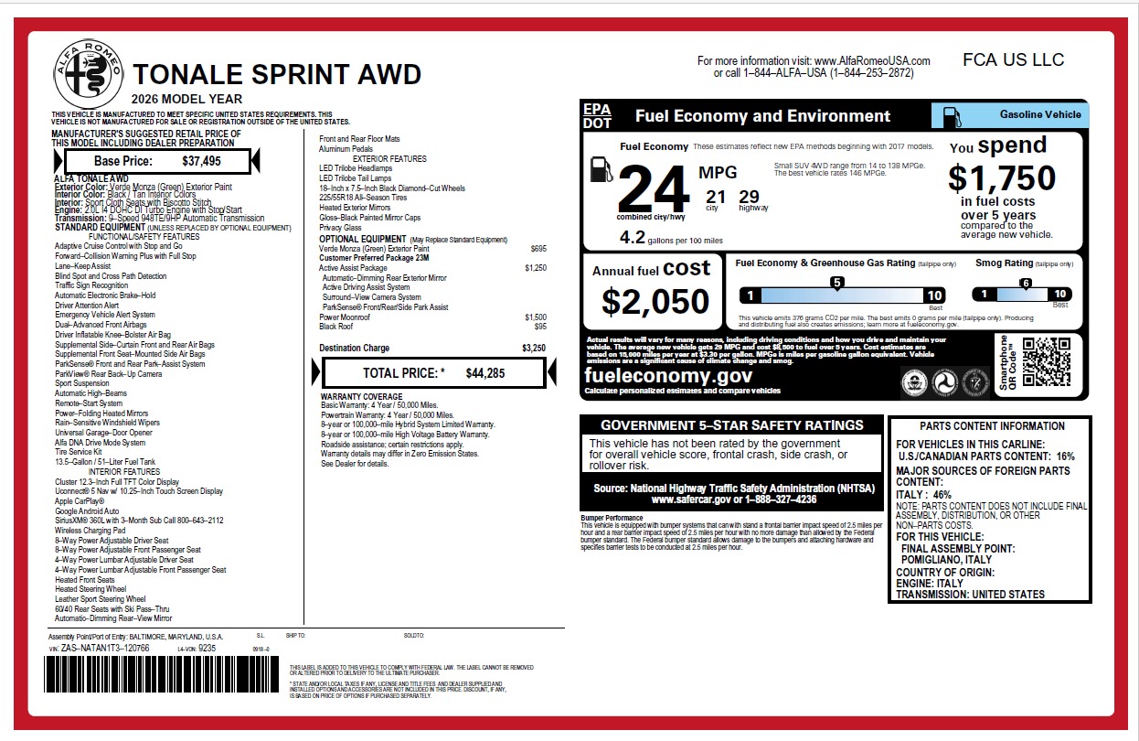 New 2026 Alfa Romeo Tonale Sprint for sale $44,285 at Bugatti of Greenwich in Greenwich CT 06830 1