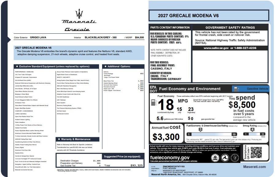 New 2027 Maserati Grecale Modena V6 for sale $93,325 at Bugatti of Greenwich in Greenwich CT 06830 1